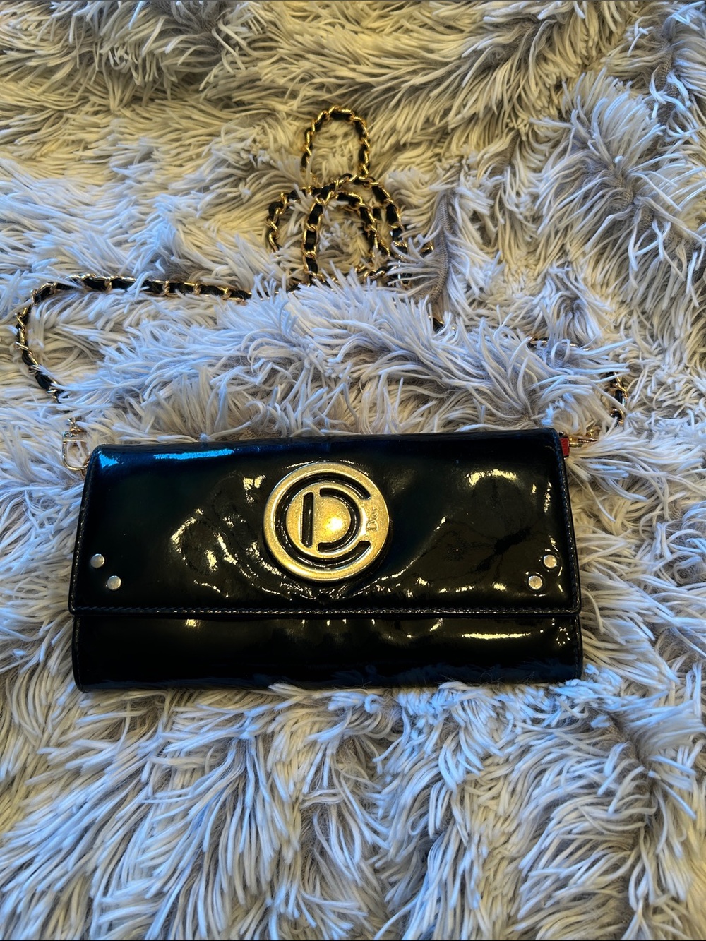 Black Patent Glossy Leather Wallet with insert and chain